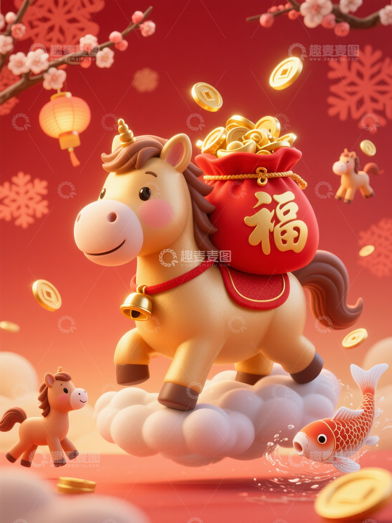 高清大图下载【趣麦麦图】马年送福招财进宝