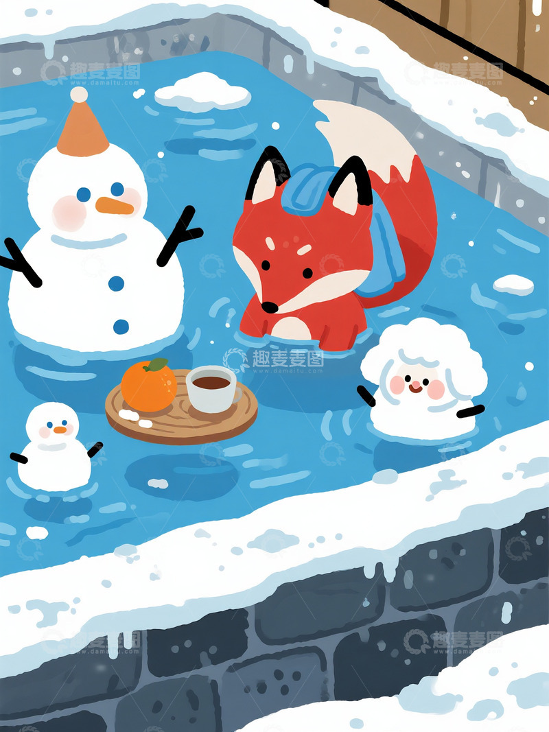 高清大图下载【趣麦麦图】雪天温泉里的狐狸与雪人