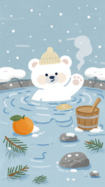 雪地里的温泉白熊