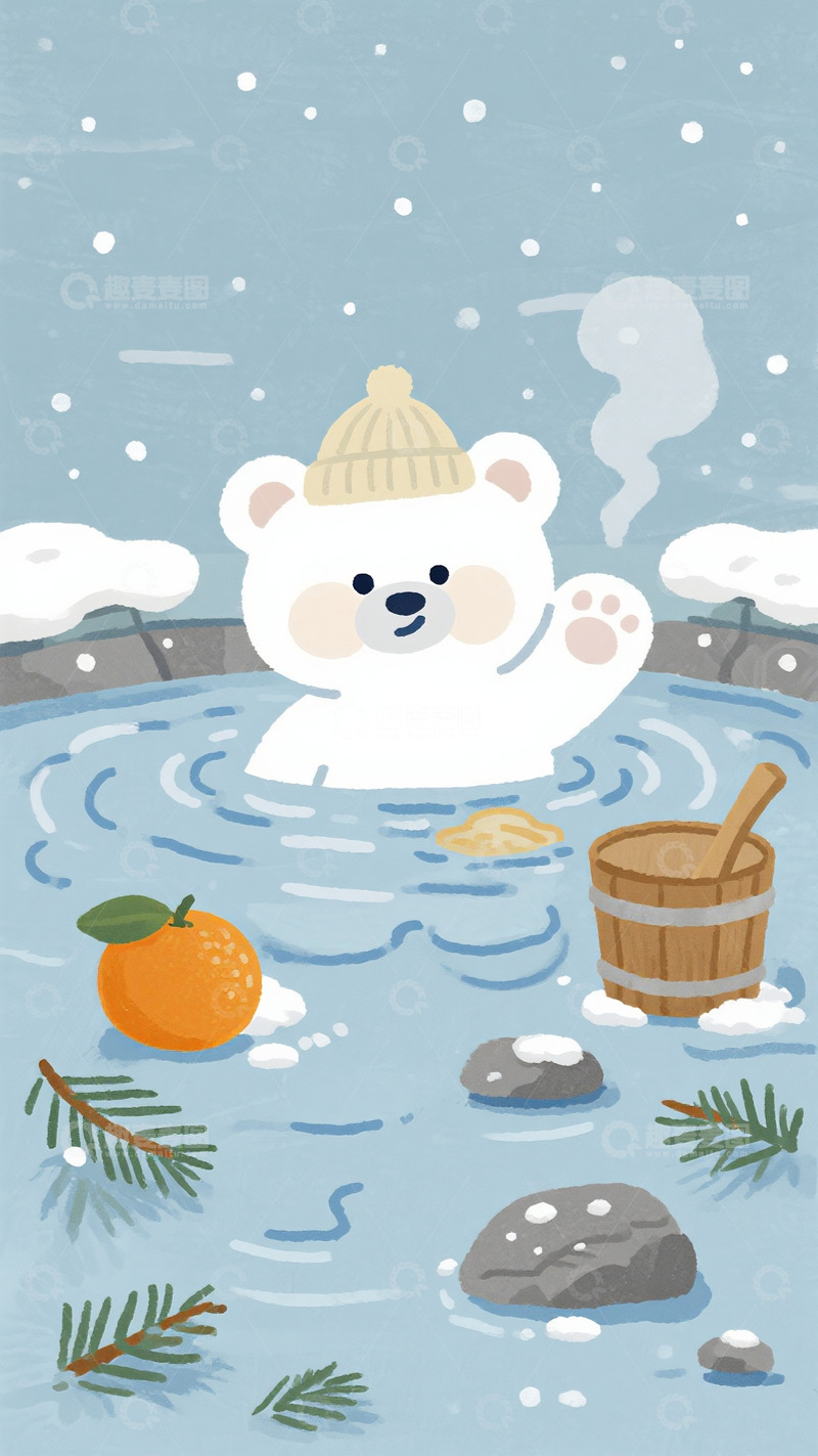 高清大图下载【趣麦麦图】雪地里的温泉白熊
