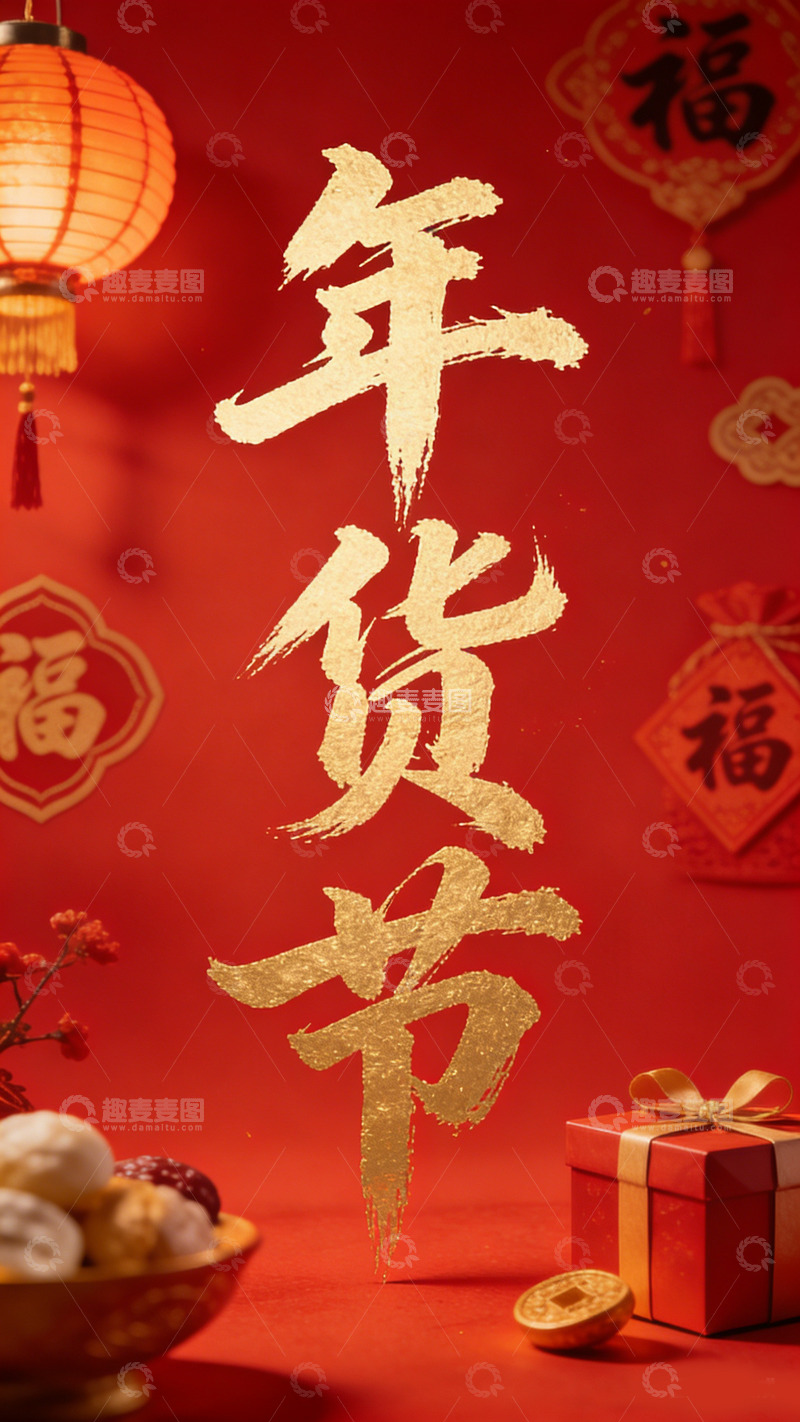 高清大图下载【趣麦麦图】年货节喜庆金文字画海报