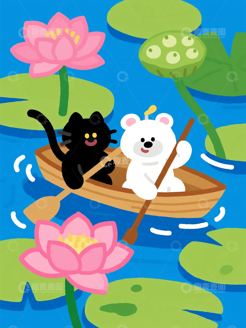 高清大图下载【趣麦麦图】黑猫与白熊的悠闲泛舟