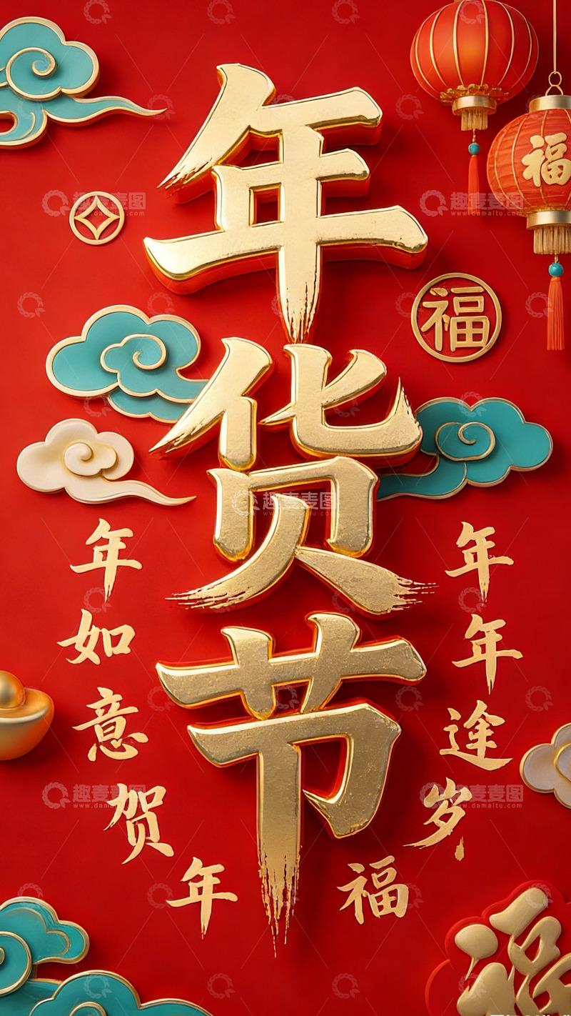 高清大图下载【趣麦麦图】金色年货节喜庆设计素材