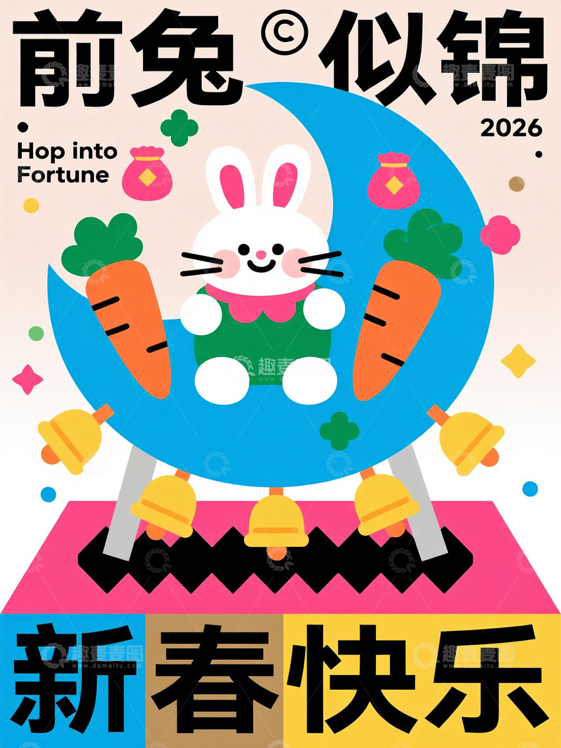 高清大图下载【趣麦麦图】萌兔坐月抱萝卜，前兔似锦贺新春