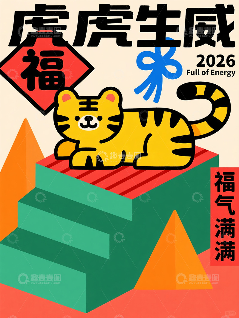 高清大图下载【趣麦麦图】萌虎坐镇方台上，虎虎生威福气满