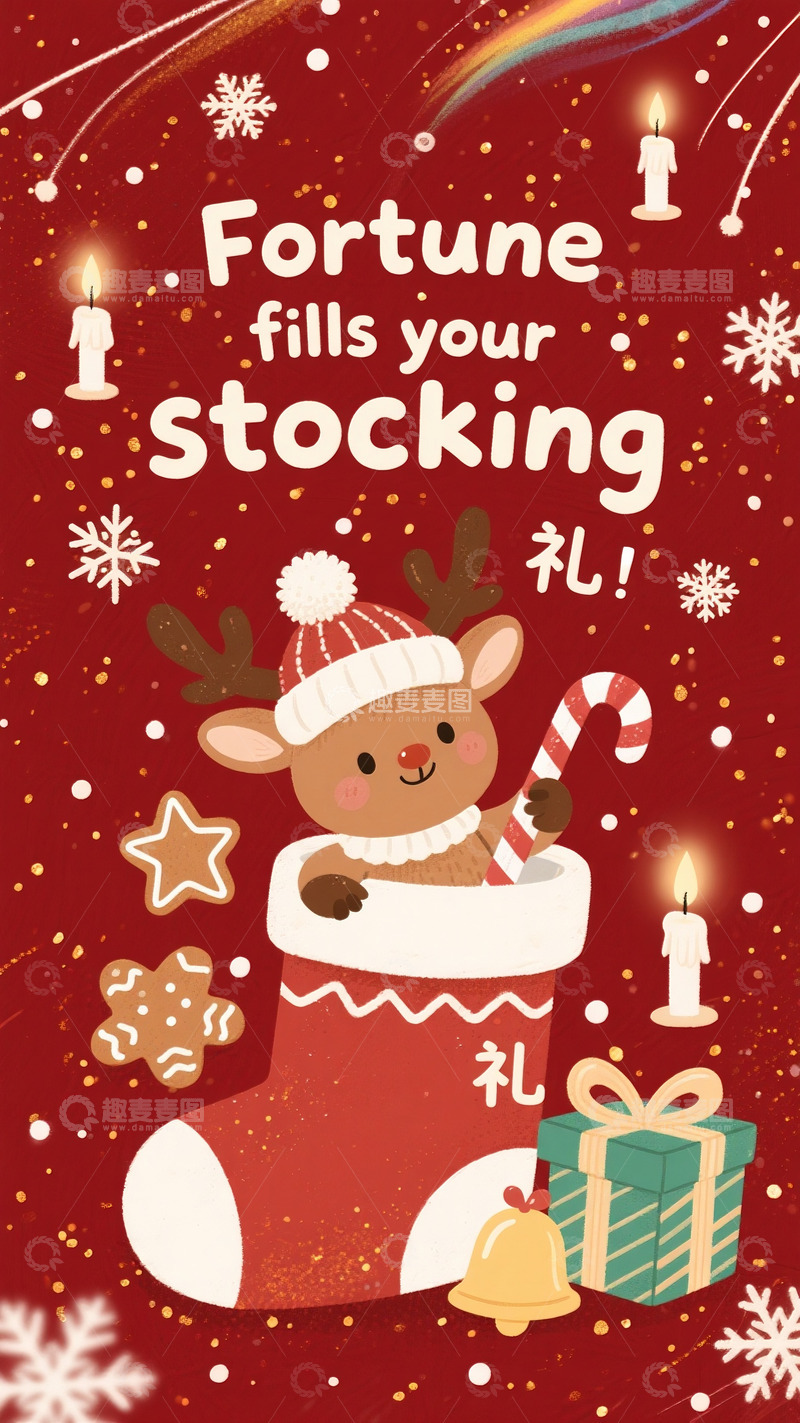 高清大图下载【趣麦麦图】圣诞袜里藏小鹿，福气满袜迎佳节