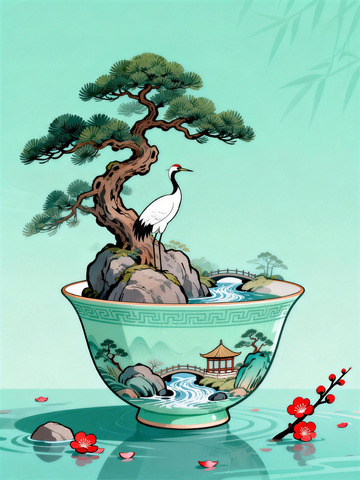 青瓷碗中藏松鹤，国风盆景绘江南