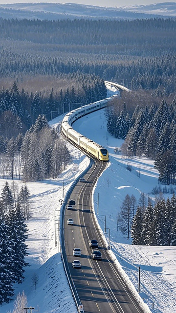 雪景铁路公路并行图
