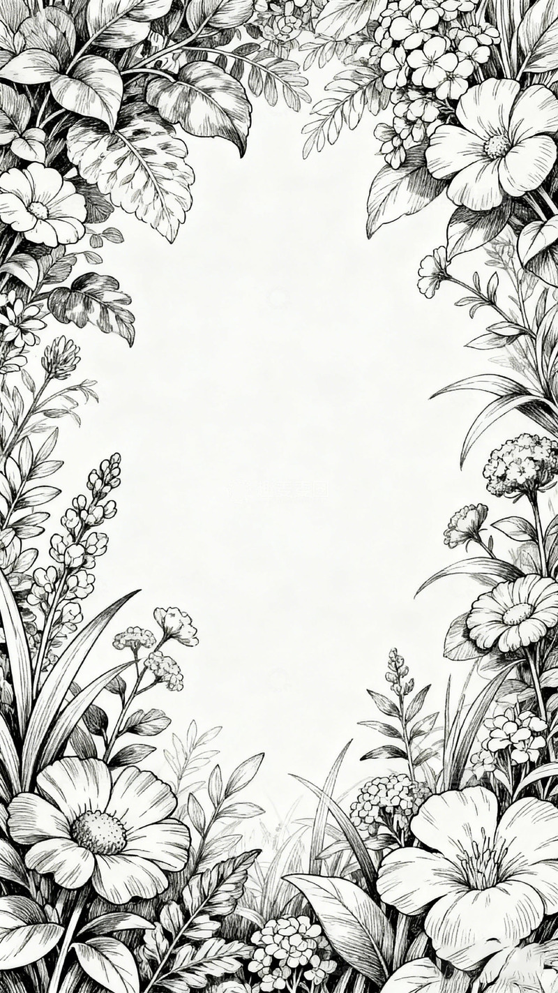 高清大图下载【趣麦麦图】黑白线描花卉边框装饰图案