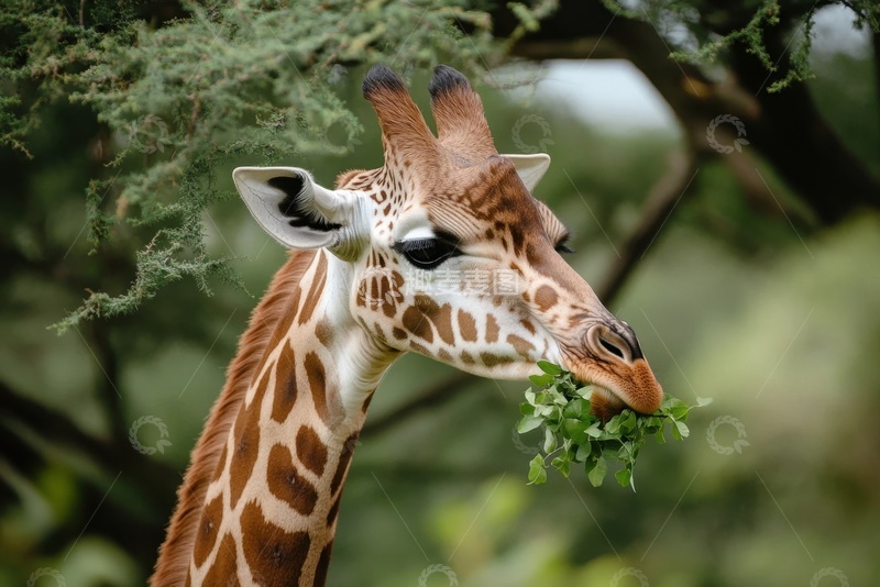 高清大图下载【趣麦麦图】吃树叶的长颈鹿特写摄影