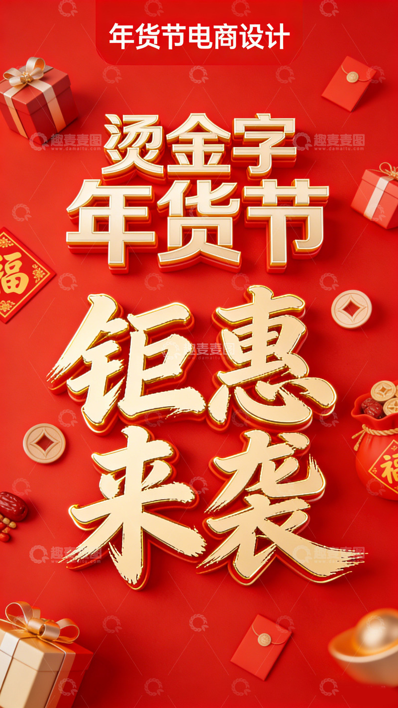 高清大图下载【趣麦麦图】烫金字年货节钜惠来袭设计