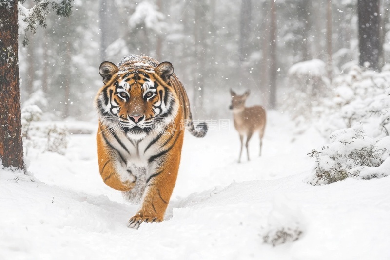 高清大图下载【趣麦麦图】冬季森林里行走的老虎