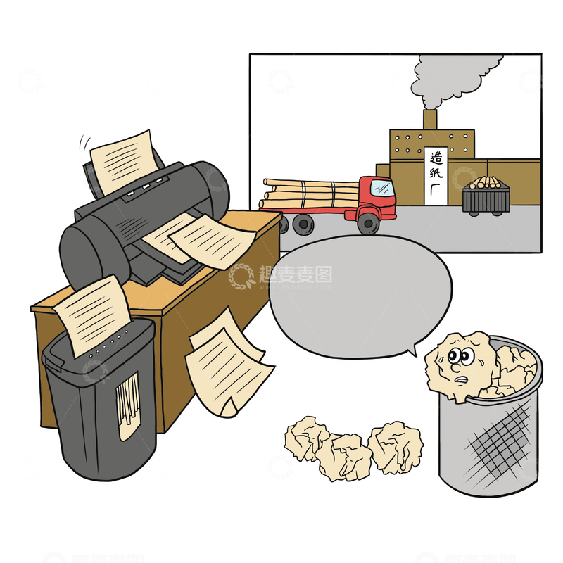 源文件下载【趣麦麦图】办公与工业场景纸张浪费图插画