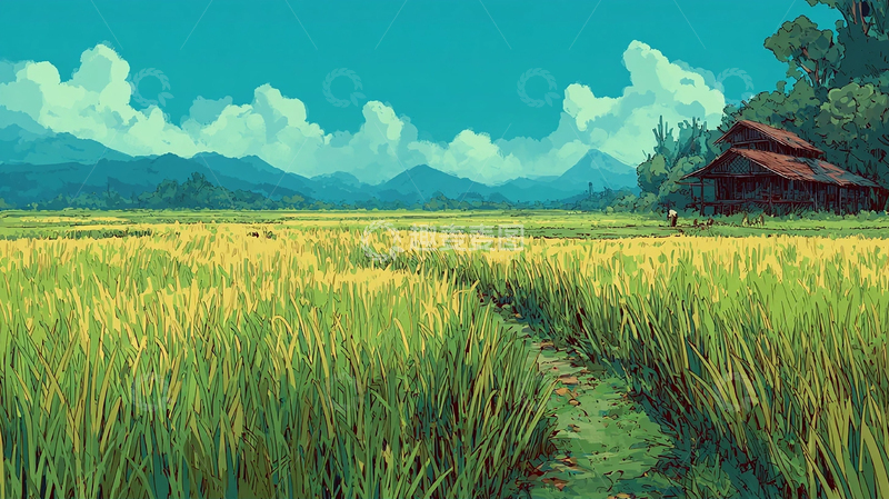 高清大图下载【趣麦麦图】田野夕阳下的稻田