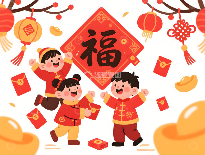 高清大图下载【趣麦麦图】新年喜庆插画儿童红包福字