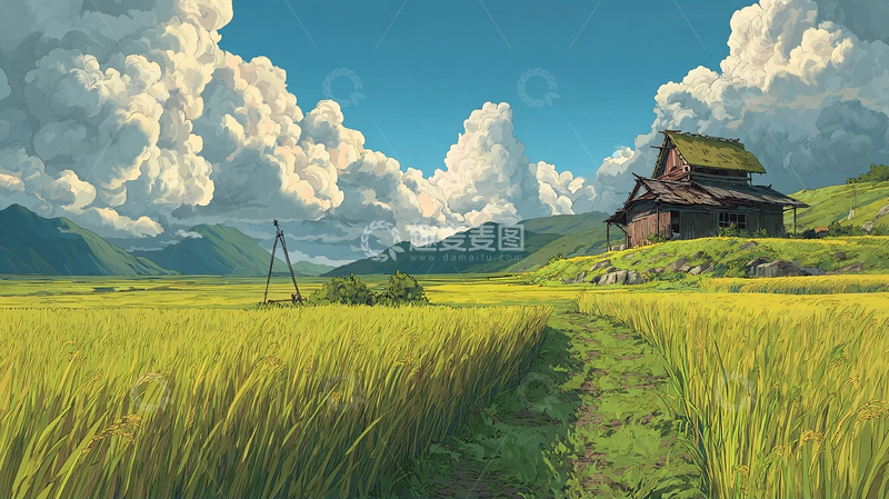 高清大图下载【趣麦麦图】蓝天白云下的乡村田野