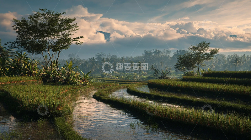 高清大图下载【趣麦麦图】乡村稻田晨曦映照