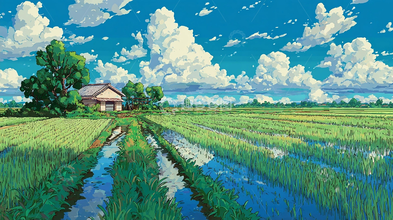 高清大图下载【趣麦麦图】夏日稻田蓝天白云