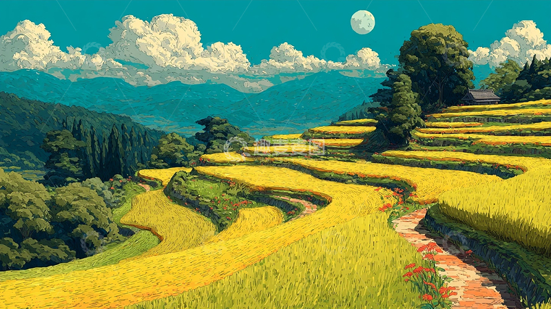 高清大图下载【趣麦麦图】皎洁月光下的梯田