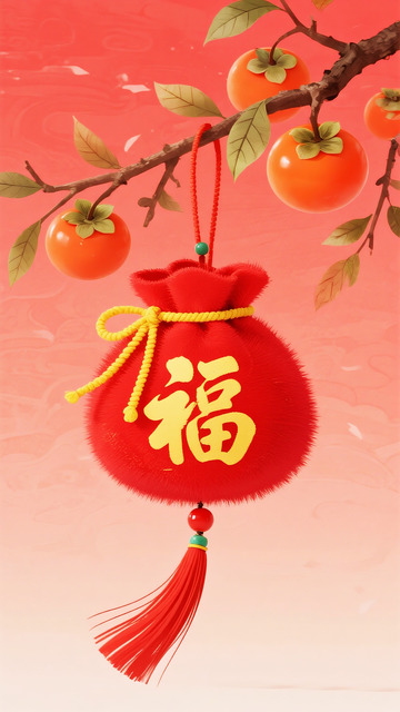 春节喜庆福袋柿子插画