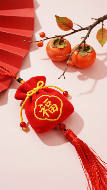 喜庆春节福字香包与柿子装饰