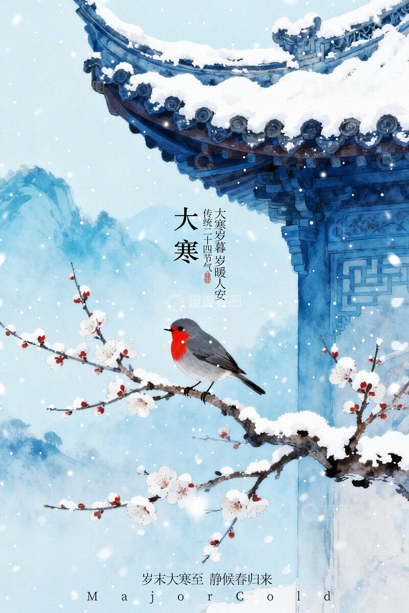 源文件下载【趣麦麦图】雪中红梅栖鸟大寒节气海报