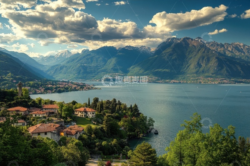 高清大图下载【趣麦麦图】远山湖泊森林房屋美景