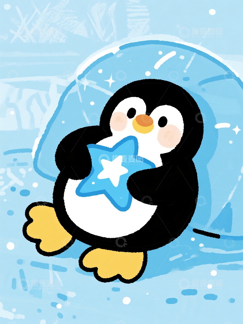 高清大图下载【趣麦麦图】冰屋前抱星的小企鹅1