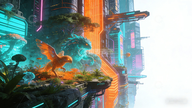 高清大图下载【趣麦麦图】赛博朋克恐龙未来城市幻想