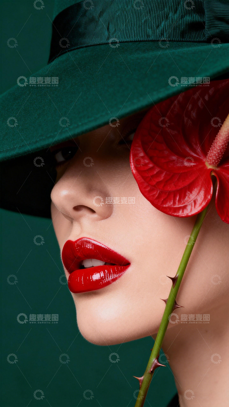 高清大图下载【趣麦麦图】时尚女性红唇花饰特写