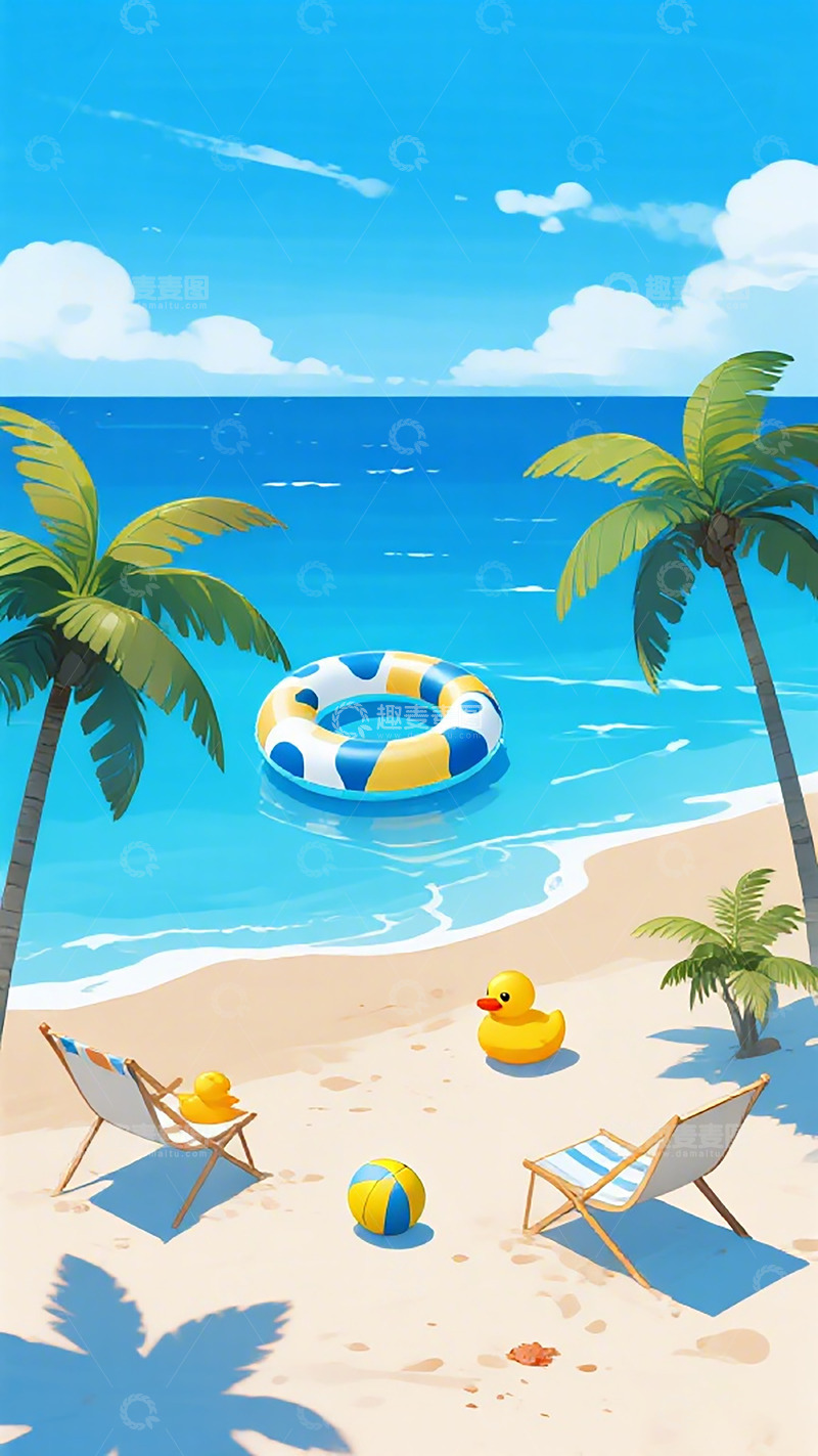 高清大图下载【趣麦麦图】卡通海滩度假插画