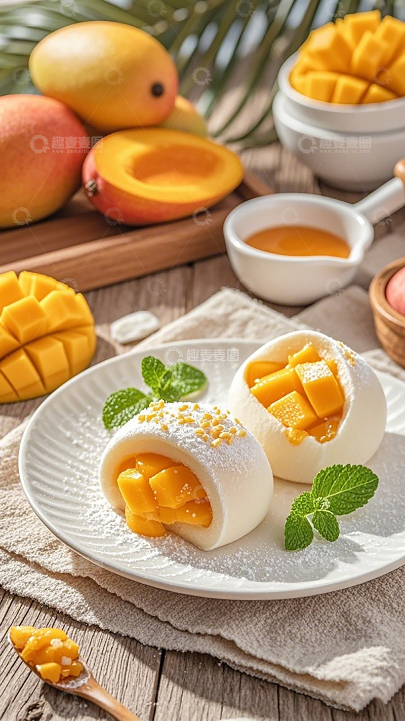 高清大图下载【趣麦麦图】芒果糯米卷美食摄影图片