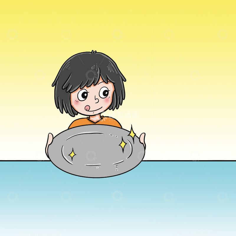 源文件下载【趣麦麦图】可爱女孩光盘行动节约粮食端着闪亮盘子插画
