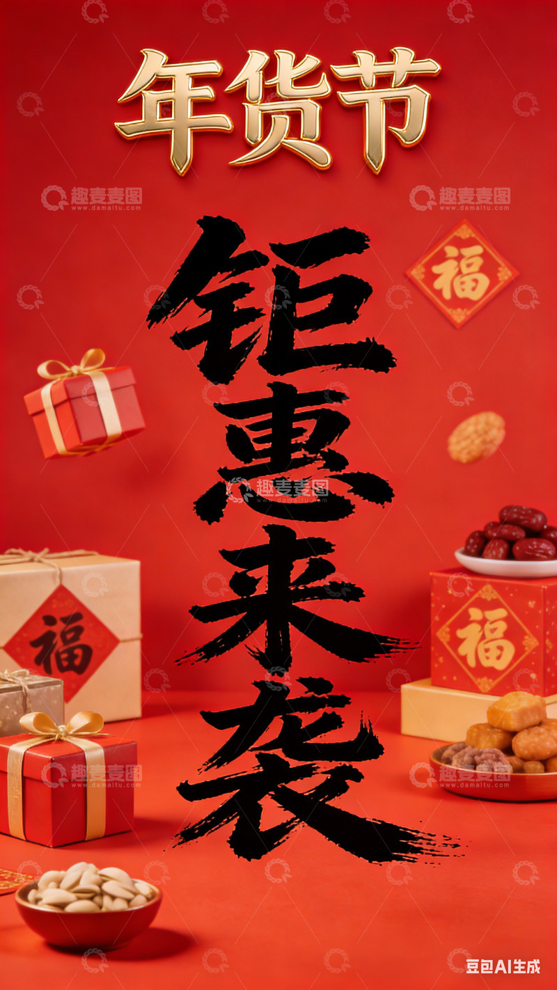 高清大图下载【趣麦麦图】年货节钜惠来袭喜庆海报电商节