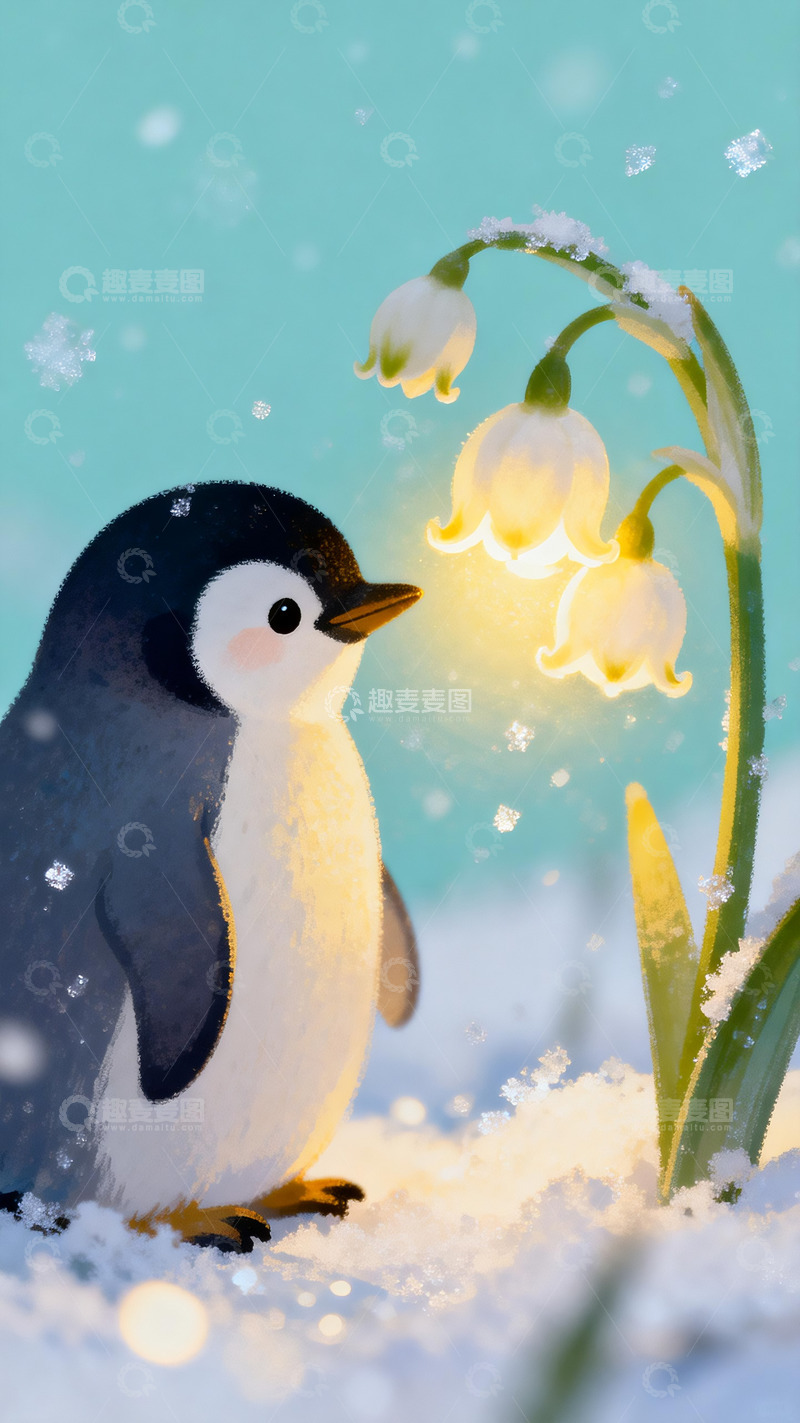 高清大图下载【趣麦麦图】雪中小企鹅与铃兰光
