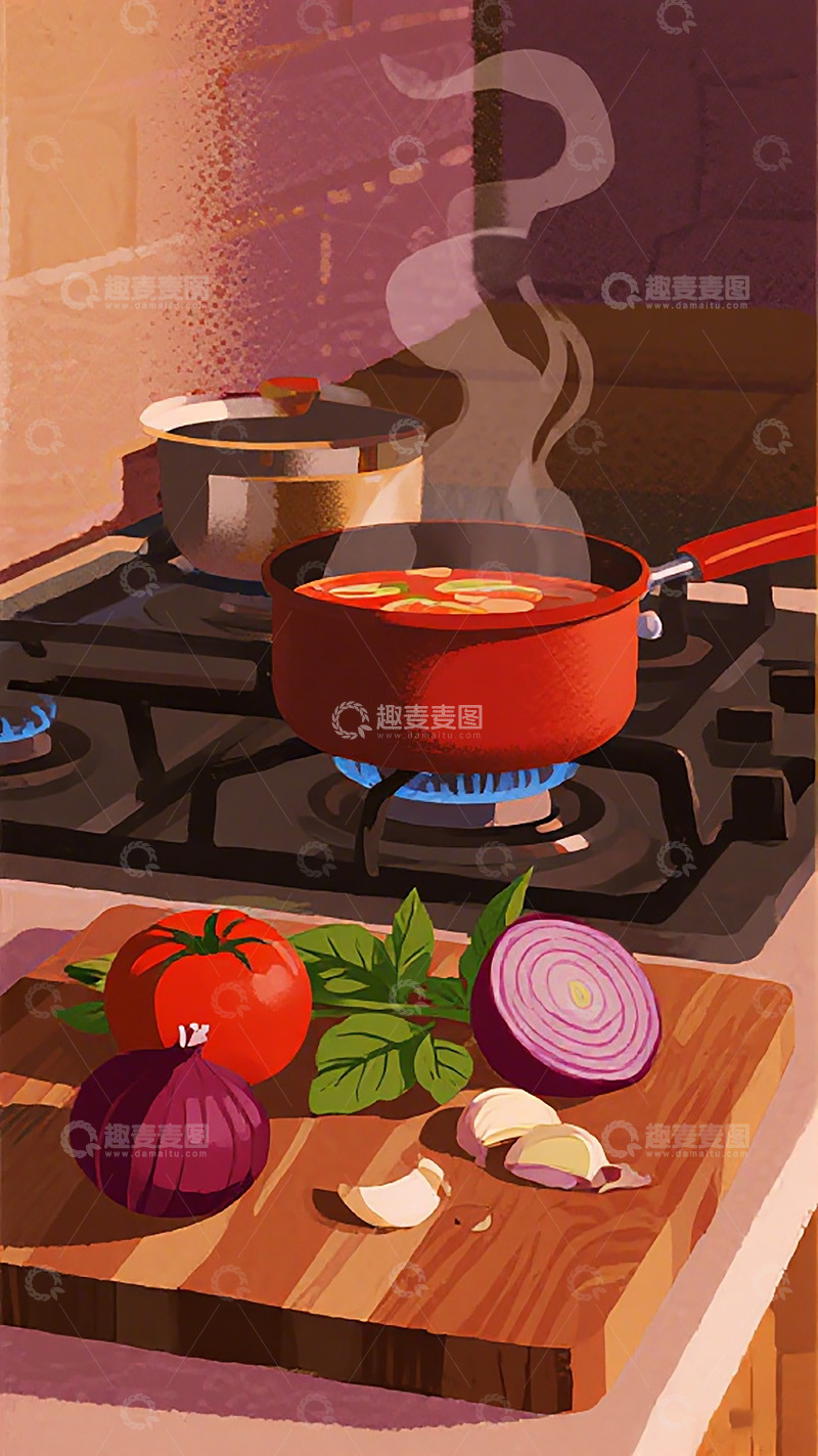 高清大图下载【趣麦麦图】炉灶烹饪温馨插画