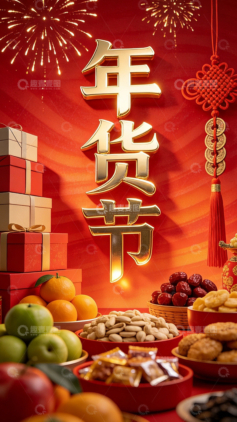 高清大图下载【趣麦麦图】年货节喜庆礼品水果坚果图片