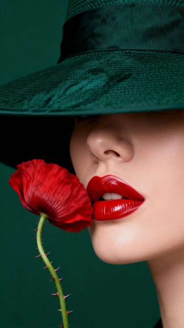 优雅红唇配红花时尚摄影