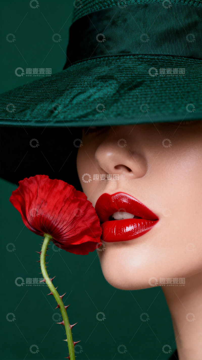 高清大图下载【趣麦麦图】优雅红唇配红花时尚摄影