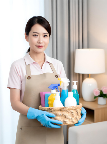 家政服务女士搞卫生清洁用品家居场景
