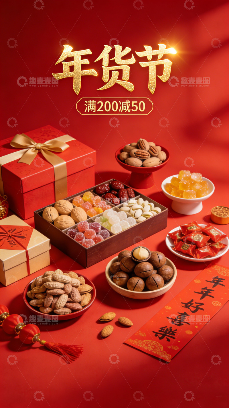 高清大图下载【趣麦麦图】年货节美食坚果礼盒促销海报