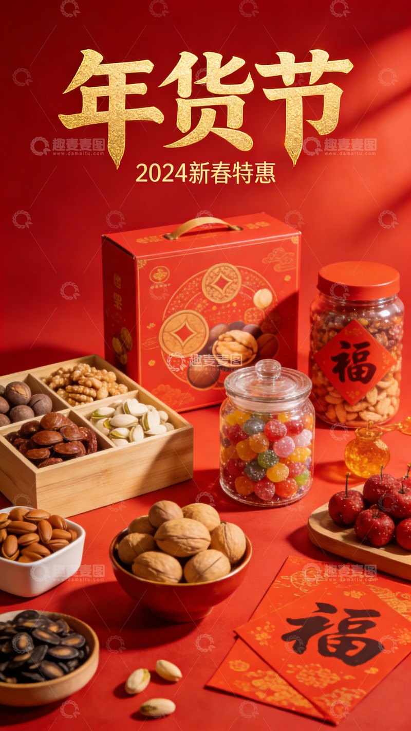 高清大图下载【趣麦麦图】年货节新春特惠坚果糖果摆设