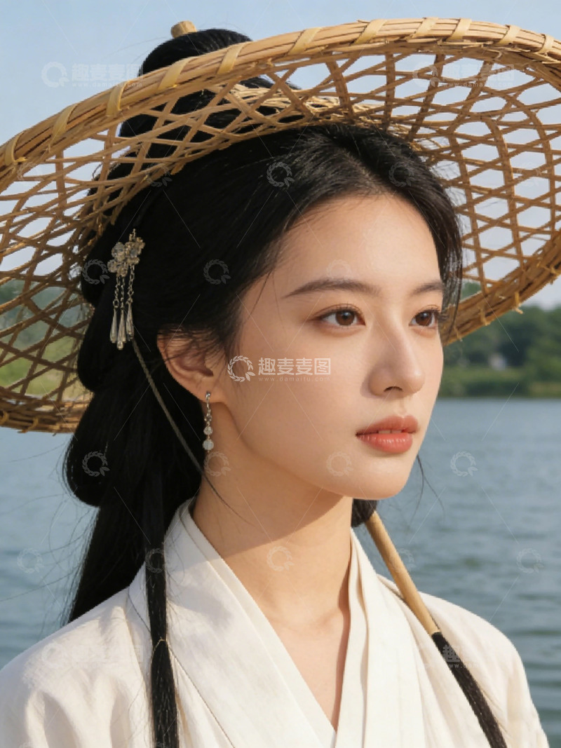 高清大图下载【趣麦麦图】古风美女竹笠湖畔写真