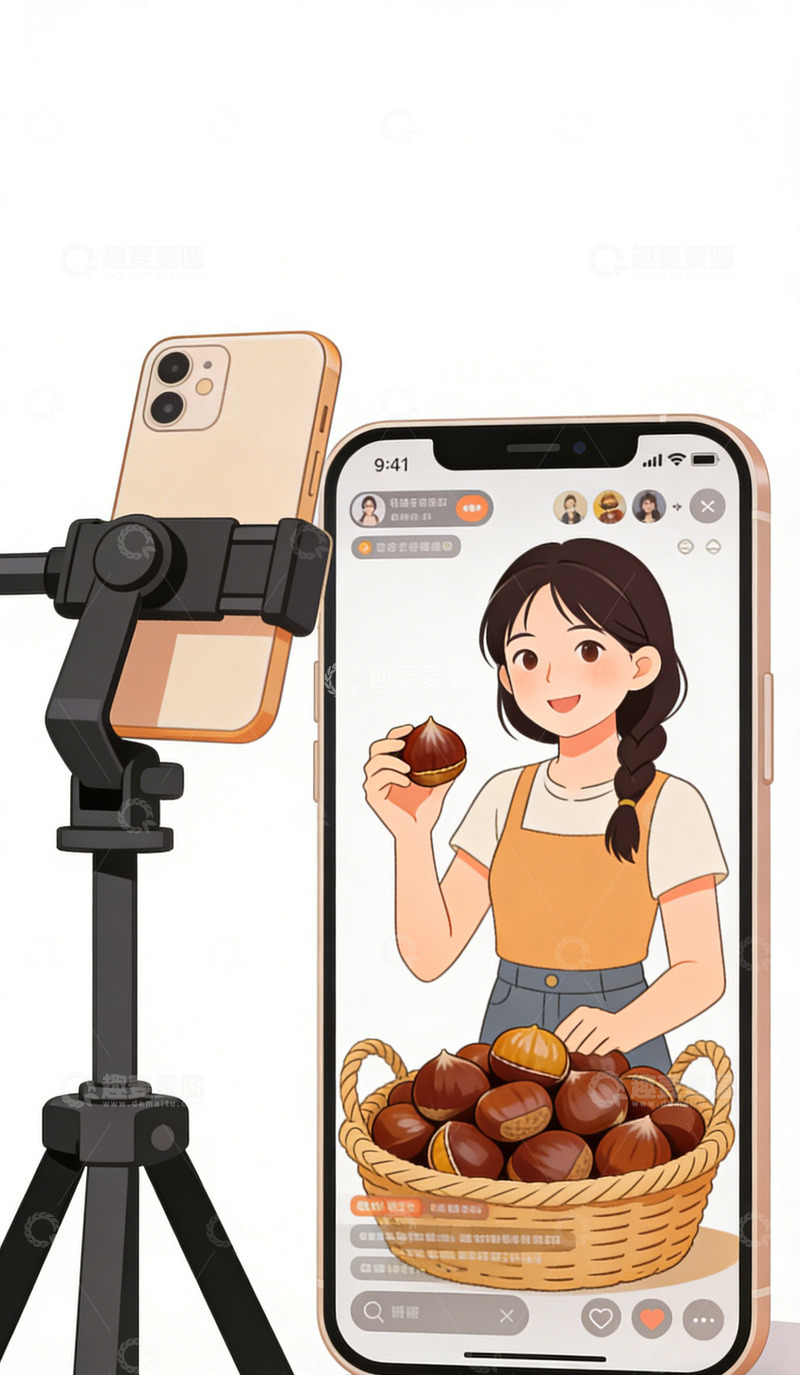 高清大图下载【趣麦麦图】卡通板栗直播拍摄插画