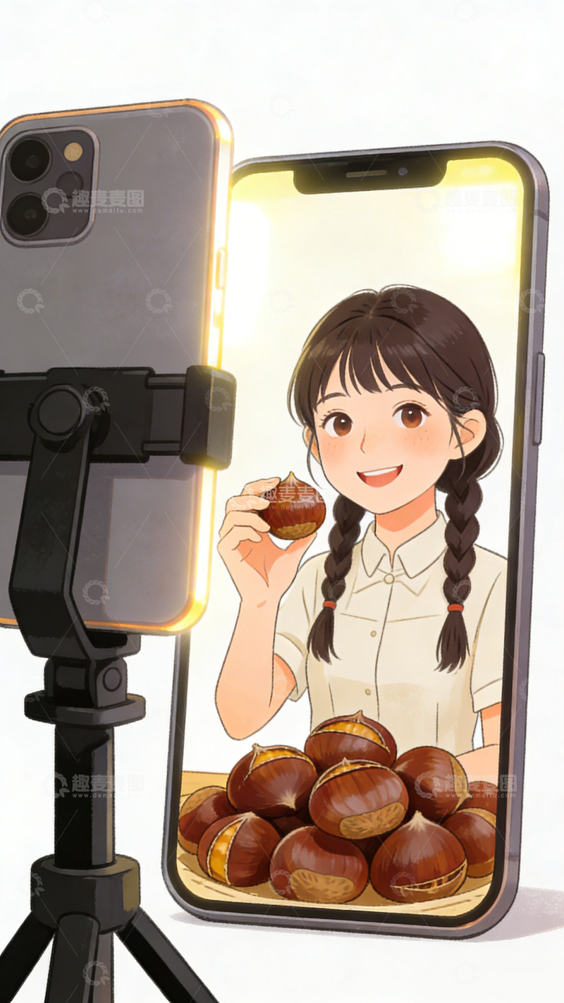 高清大图下载【趣麦麦图】手机直播女孩栗子插画