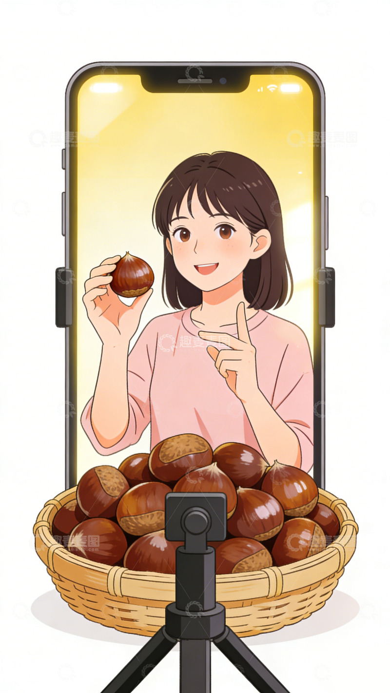 高清大图下载【趣麦麦图】手机直播卖板栗插画素材