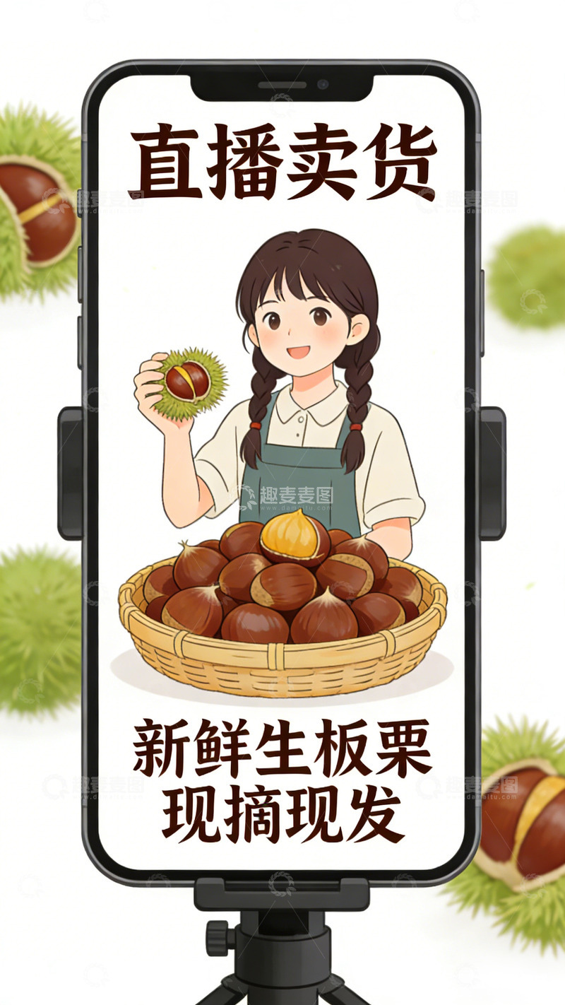 高清大图下载【趣麦麦图】直播卖货板栗插画