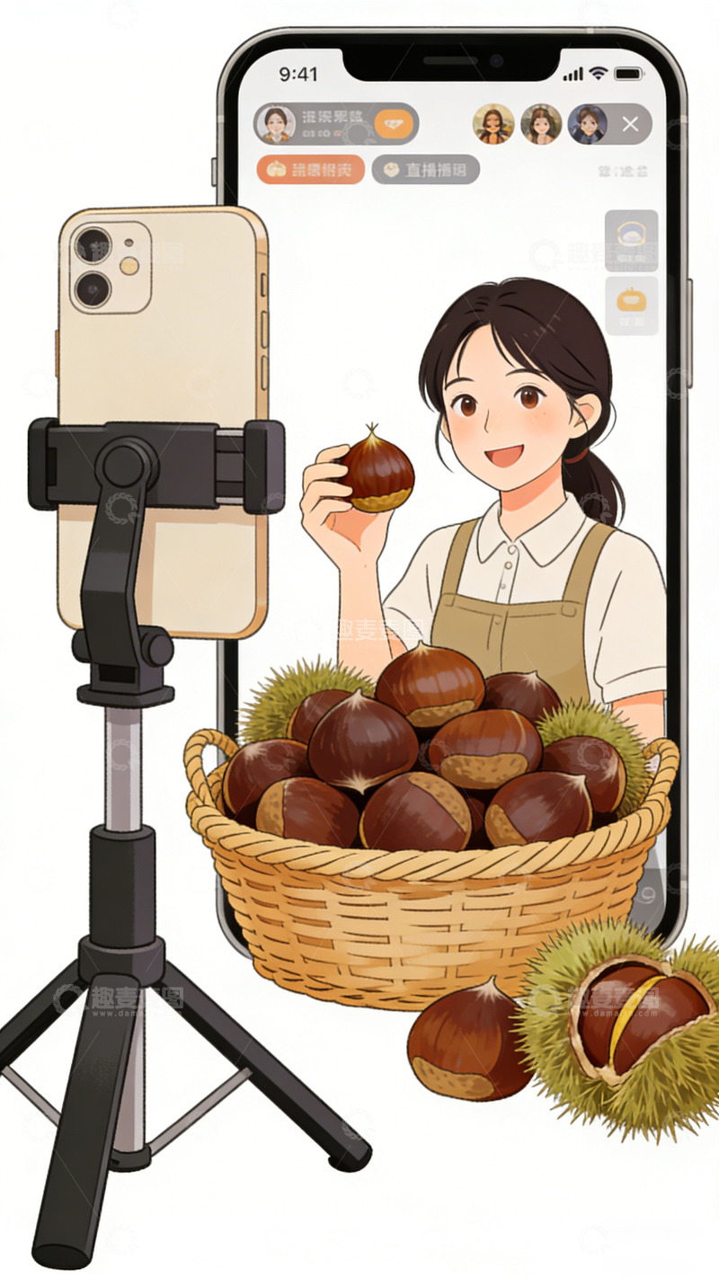 高清大图下载【趣麦麦图】手机直播卖板栗插画素材