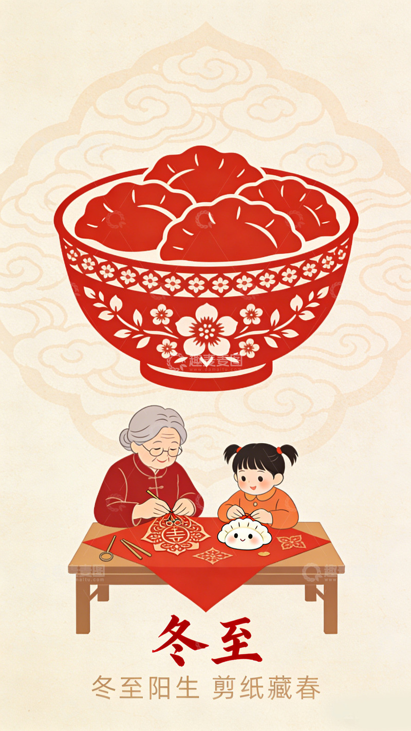 高清大图下载【趣麦麦图】-传统冬至节庆剪纸插画