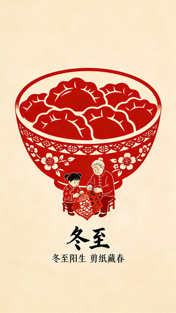 剪纸风冬至节日老人儿童庆祝设计素材